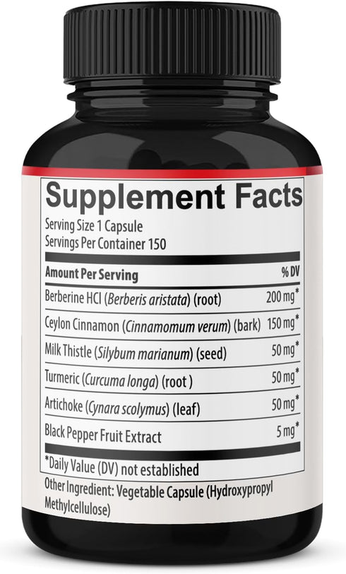 150 Capsules Berberine Supplement with Ceylon Cinnamon, Turmeric, Milk Thistle, Artichoke, and Black Pepper - 5 Month Supply...