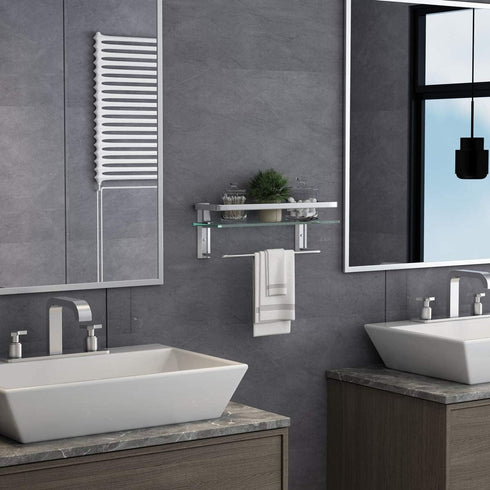 VOLPONE Glass Shelf with Towel Bar 15.7in Silver Bathroom Shelf Wall Mount Rustproof Bathroom Wall Organizer 1 Tier (Silver)...