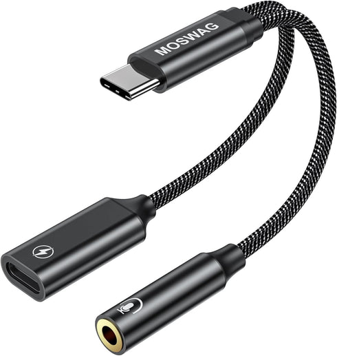 MOSWAG USB C to 3.5mm Headphone and Charger Adapter, 2-in-1 USB C to Aux Audio Jack Hi-Res DAC and Fast Charging Dongle Cable Compatible with Pixe...