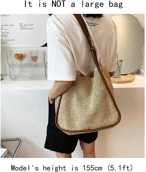 Women Faux Straw Bag Weave Tote Bag Summer Beach Bag Shoulder Bag Top Handle Bag Handbag 2 Pcs Set...
