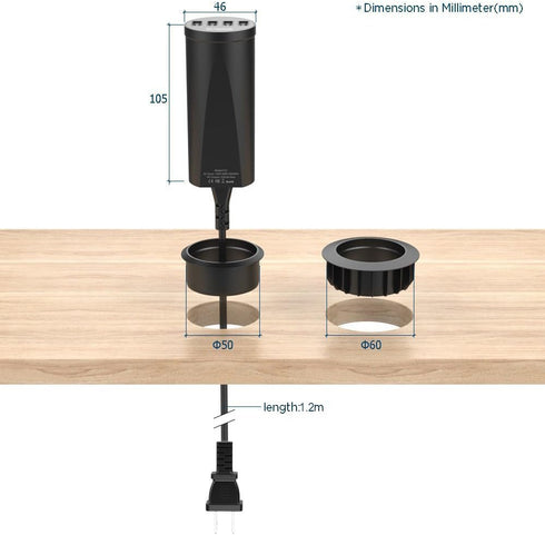 Simpeak 30W 4-Port USB Desk Charger Desktop Charging Station Mounts on The 2.0"/2.4" Grommet Hole with Power Cable (Match 2pcs Grommet),C51 Black...