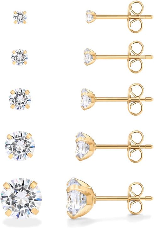 PAVOI 14K Gold Plated Five Pairs Stainless Steel Stud Earrings Set for Women | Hypoallergenic 5 Earrings Pack | Premium Cubic Zirconia Studs...