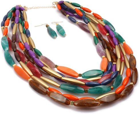 ABJFJE Womens Multi Layer Crystal Resin Choker Necklace and Drop Earring Set Fashion Multi Colored Beads Statement Clavicle Collar Bib Necklace Ea...