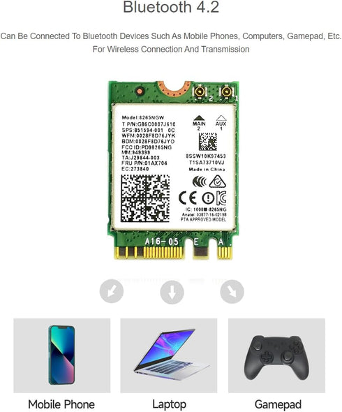 Wireless-AC8265 Dual Mode AC8265 Wireless NIC Module for Jetson Nano Developer Kit M.2 NGFF Support 2.4GHz / 5GHz 300Mbps / 867Mbps Dual Band WiFi...