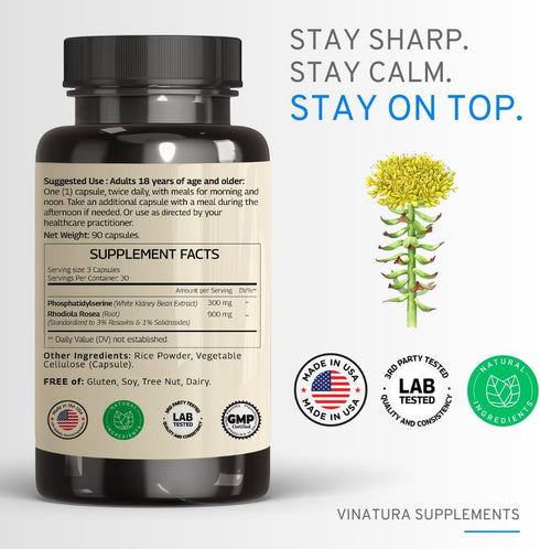 PhosphatidylSerine Rhodiola Rosea 1200mg per Serving, 3% Rosavins & 1% Salidrosides - Calm, Brain Booster, Brain Supplements for Memory and Focus ...