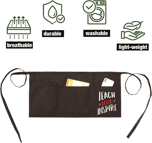 Waist Apron for Teachers with 3 Pockets Half Black Apron,Teachers Prefect Gift (teach love inspire)...