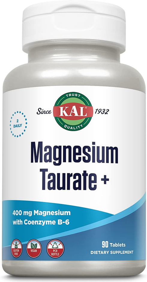 KAL Magnesium Taurate 400mg Plus CoEnzyme Vitamin B6, Chelated Magnesium Supplement, Healthy Muscle Function, Nerve and Heart Health Support, Glut...
