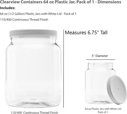 Plastic Storage Jars with Leak Proof Lids, BPA Free, Hand Wash Only (64oz, 1PK White)...