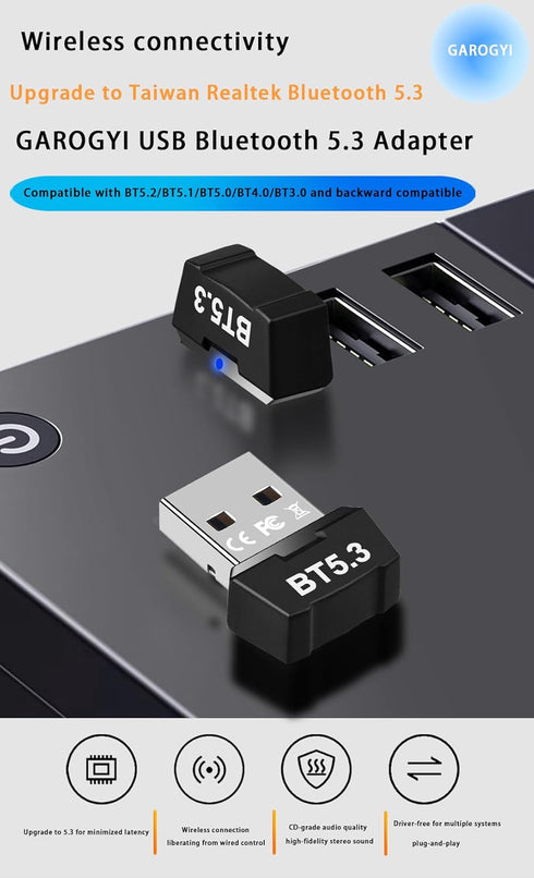 USB Bluetooth 5.3 Adapter for PC, Supports Windows 11/10/8.1/7,5.3+EDR Bluetooth Wireless Transmitter Receiver for Desktop, Laptop, Mouse, Keyboar...