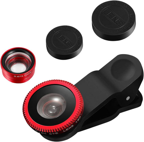 External Lens for Mobile Phone 3-in-1 Fisheye Macro Wide Angle Lens with Clip Aluminum Alloy Compatible with iPhone and Smartphones...