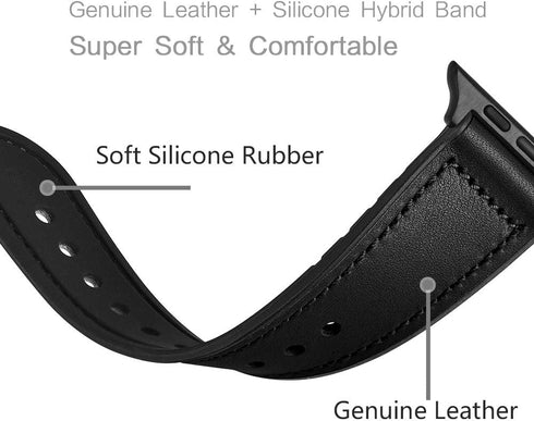 OUHENG Compatible with Apple Watch Band 49mm/46mm/45mm/44mm/42mm, Sweatproof Genuine Leather and Rubber Hybrid Band for iWatch Ultra 2/1 Series 10...
