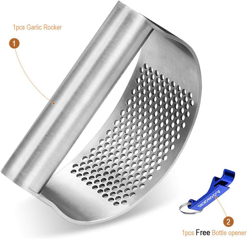 Garlic Press Rocker, Bottle Opener, Stainless Steel Garlic Crusher Chopper Squeezer Slicer Mincer...