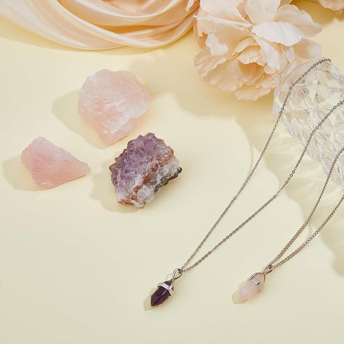 SUPERFINDINGS Natural Stone Kit Including 1Pc Natural Amethyst Stone 2Pcs Rose Quartz Display for Home Decor 2Pcs Pointed Pendants for Jewelry Mak...