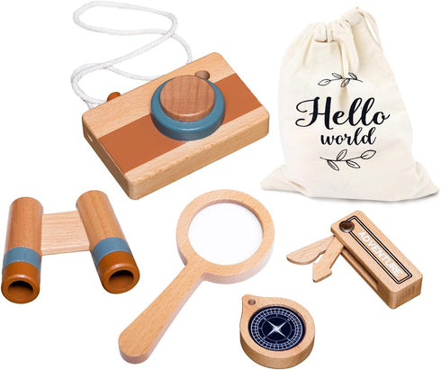 Wooden Outdoor Adventure Toys,Kids Explorer Kit With Wooden Telescope,Camera,Wooden Knife,Compass,Magnifying Glass 5-Piece Outdoor Toy Set,Camping...