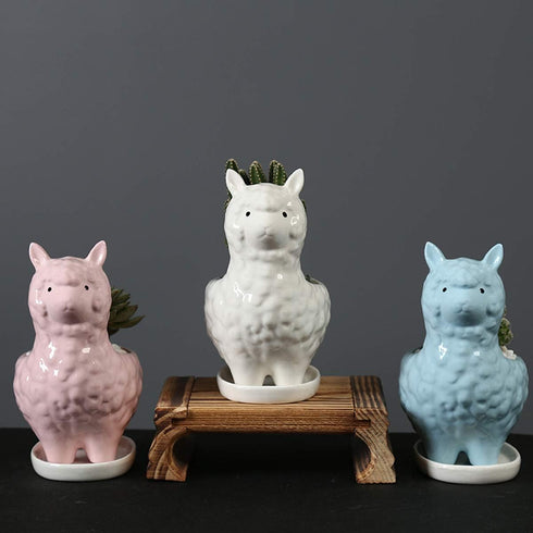 Lependor Cute Llama Succulent Planter Pot with Drainage Tray, White Ceramic Cactus/Flower Container, Animal Alpaca Bonsai Holder for Indoor Plants...