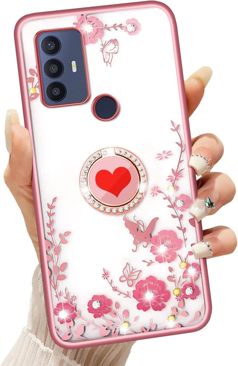 for TCL 30 SE Case (6.52-inch) Girls Women Cute Butterfly Red Heart Clear Soft Silicone Phone Case with Ring Stand Strap Lanyard Shockproof Protec...