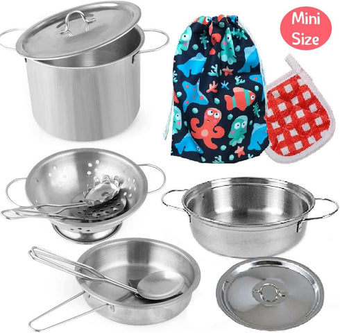 Tiny Cookware Utensils Pretend Play Kitchen Toys Stainless Steel Cooking Set Toys Montessori Kitchen Playset Kids Pots and Pans Playset,Play Kitch...