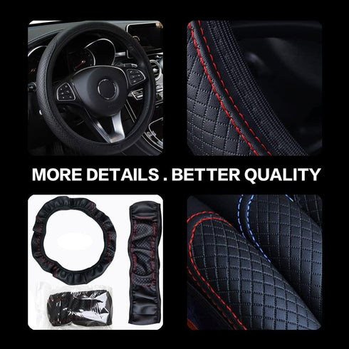 Leather Car Steering Wheel Cover, Classical Leather Automotive Steering Wheel Covers,Breathable, Non-Slip,Elastic, Universal 15 inch Steering Whee...
