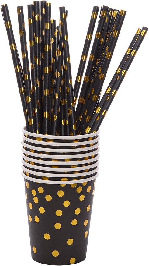 201 Black and Gold Party Supplies, Golden Dot Disposable Party Dinnerware - Black Paper Plates Napkins Cups, Gold Plastic Forks Knives Spoons for ...