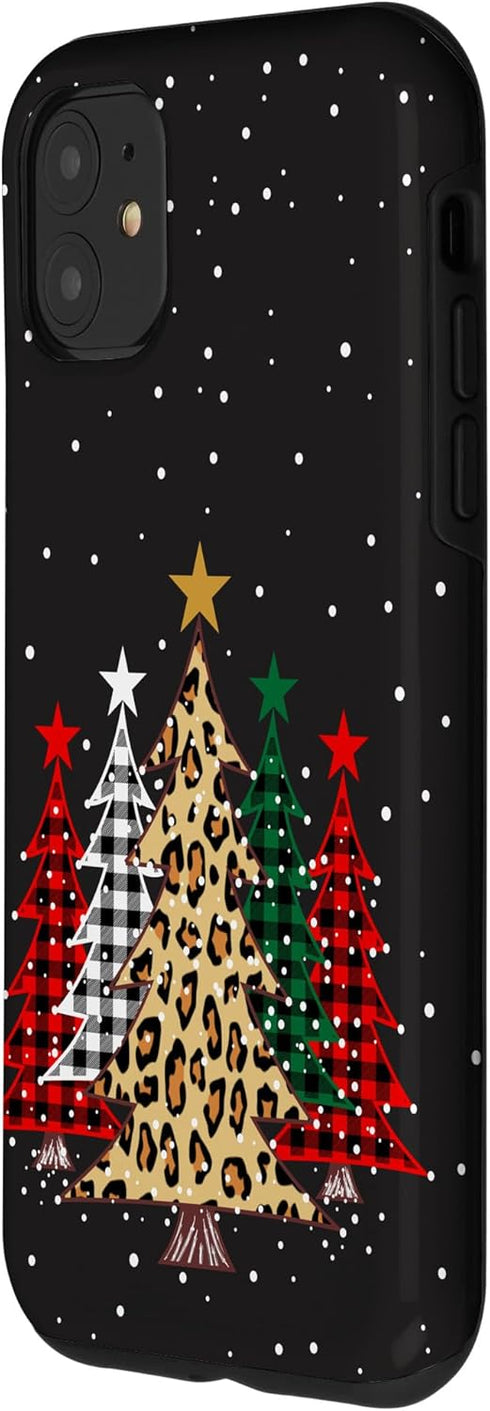 iPhone 11 Merry Christmas Trees with Buffalo Plaid & Leopard Design Case...