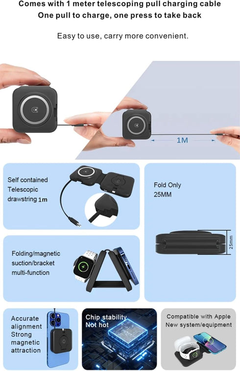 Portable Wireless Charger 15W Fast Charging Wireless 3 in 1 Magnetic Charging Wireless Charger Stand - Pocket Carry...