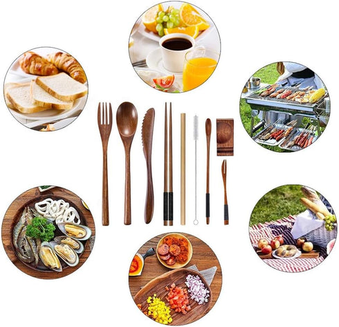 Wooden Utensil Flatware Set Reusable Utensils Travel Cutlery Set for Eating with Case, 10 Pcs Wooden Spoon and Fork Set Bamboo Flatware Set...