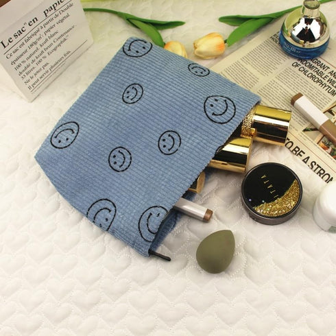 Cosmetic Bag 3PCS Pencil Pouch Smiley Face Bag Corduroy Cosmetic Bag Aesthetic Women Handbags Purses (BLUE)...