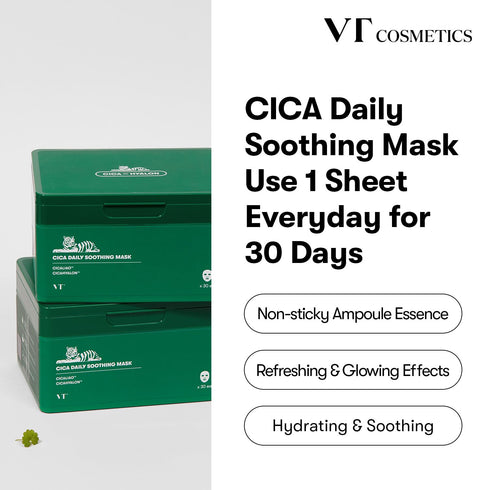 VT COSMETICS Daily Soothing Mask 30ea, Facial Sheet Mask for Moist & Hydrating, 30 Day Supply, Cica Face Mask...