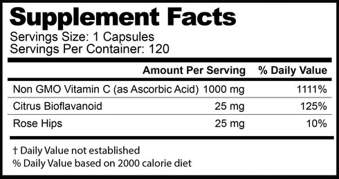 Vitamin C 1000 mg Daily Immune Support with Rose Hips & Citrus Bioflavonoids Healthy Skin & Joints Buffered Non-GMO Non Acidic, 120 Capsules...