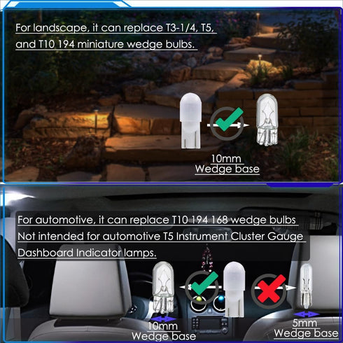 T10 Wedge Base LED Bulb 12V DC 1W, T5 T10 Low Voltage Landscape Light Bulbs, 4 Watts Incandescent Bulb Equivalent, Soft Warm White 2700K 10-Count...