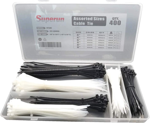 Superun Zip Tie Kit - 400 Pack Zip Ties Assorted Sizes 4 Inch, 6 Inch, 8 Inch Mix Pack in Black & White Wire Ties assortment…...