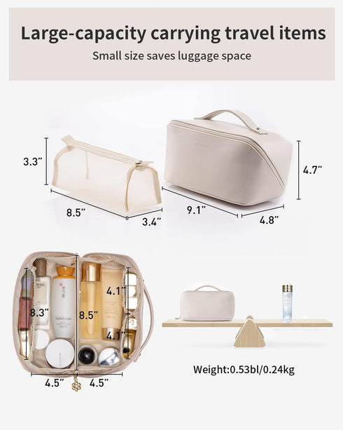Vlando Travel Makeup Bag,PU Leather Portable Make up Bag Toiletry Bag for Women Open Flat Makeup Organizer with Divider and Handle White...
