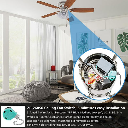 Zing Ear ZE-268S6 3 Speed Switch Compatible with Hunter Ceiling Fan, Pull Chain Cord Switch,Use for Ceiling Fans, Appliances, Replacement Speed Co...