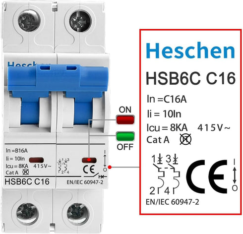Miniature Circuit Breaker HSB6C, 16Amp Current, 2 Pole, Type C, 6kA Breaking Capacity, DIN Rail Mounting...