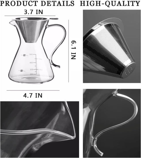 Pour Over Coffee Maker - Elegant Drip Coffee Maker with Reusable Stainless Steel Filter/Dripper, Lead-Free Borosilicate Glass Coffee Carafe for 1-...