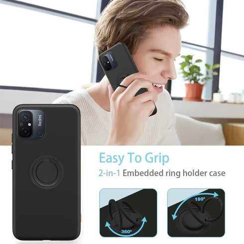 Phone Case with Glass Screen Protector for Xiaomi Redmi 12C/Poco C55 - Black, 360° Rotatable Ring Holder, Magnetic Kickstand, Shockproof Protectiv...