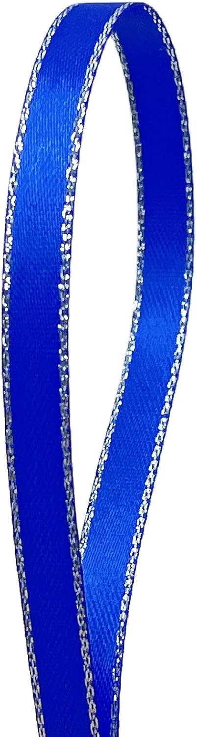 QIANF Royal Blue Double Face Satin Ribbon with Silver Border for Gift Wrapping, Hair Bows, Wedding Party Decoration, Crafts Sewing, Invitation Car...