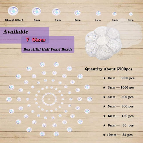 5700 Pcs AB Half Pearls for Crafts & Nail Art - Flatback Pearls for Makeup & DIY Accessories - White, 2/3/4/5/6/8/10mm...