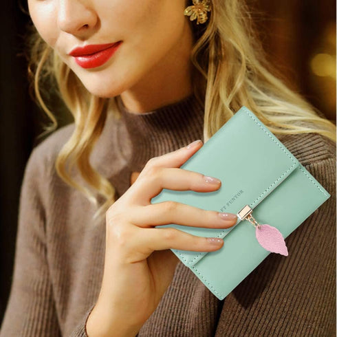 FT FUNTOR RFID Wallets for Women, Leaf Card Holder Trifold Ladies Wallets Coins Zipper Pocket with ID Window Green...