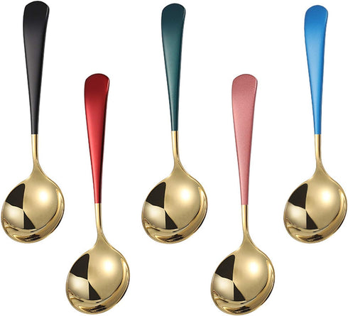 Metal Soup Spoons,Stainless Steel Spoons for Soup Round Colorful Dinner Spoons Thick Short handle Table Spoon 6.3-Inch, Set of 5 (Gold)...
