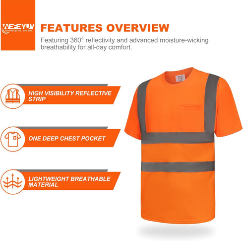 High Visibility Shirts Quick Dry Safety T Shirts with 4 Reflective Strips and Pocket Short Sleeve Mesh Hi Vis Construction Work Class 2 Shirt for ...