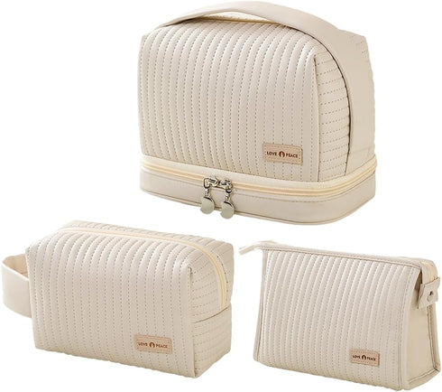 Cute Cosmetic Bag Makeup Bag Set of 3 Travel Toiletry Bag Women Cosmetic Bag Organizer Waterproof Leather Cosmetic Bag Set With Handle Zipper Cosm...