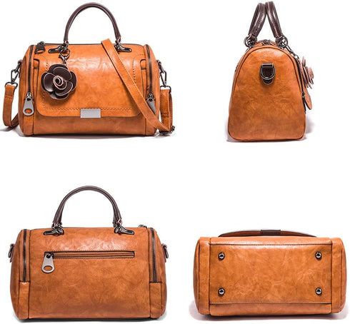 Women Satchel Bags Faux Leather Top Handle Handbags Boston Crossbody Bags Flower Pendant Zipper Purse Shoulder Bag...