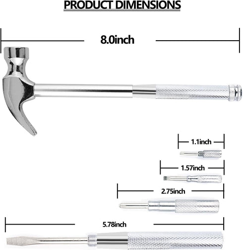 6-in-1 Metal Multifunction Hammer & Screwdriver Hand Tool Set Including Cross & Flat Screwdriver for Opening Walnuts, Wall Hanging, Nice Little Gi...