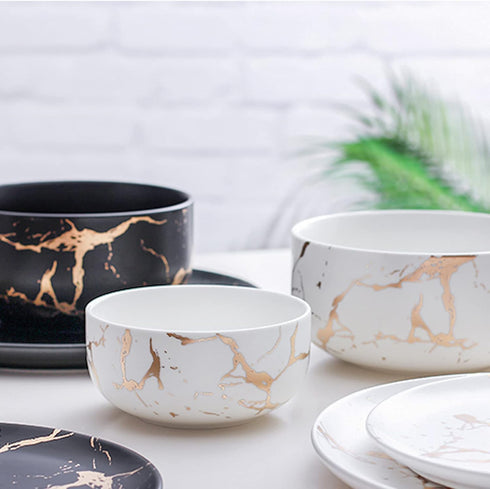 Ceramic Cereal Bowl Marble Soup Bowl 17 OZ Ceramic Rice Bowl Luxury Gold Inlay Dessert Bowl Microwave and Dishwasher Safe for Oatmeal Snack (White...
