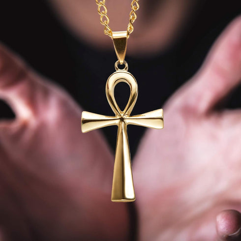 3 Pieces Men's Stainless Steel Ankh Pendant Necklace, Black, Gold, Silver...
