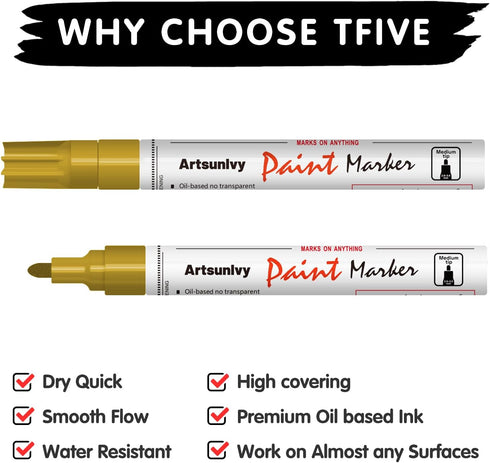 Gold Paint Pens Permanent Markers - 2 Pack Paint Markers for Metal, Rubber,Wood, Rocks, Canvas, Plastic, Dark Surface, Craft Art Supplies, Medium ...