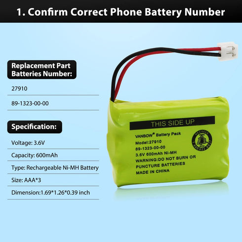 27910 Cordless Phone Battery for Motorola SD-7501 MD7161 AT&T 27910 89-1323-00-00 E1112 E2801 TL72108 Vtech I6725 RadioShack 23-959 Ni-MH 3.6V (Pa...