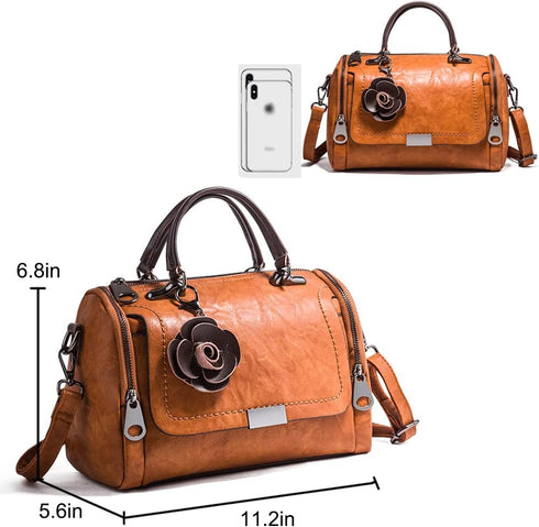 Women Satchel Bags Faux Leather Top Handle Handbags Boston Crossbody Bags Flower Pendant Zipper Purse Shoulder Bag...
