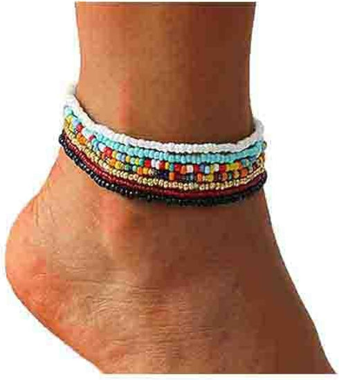 Boho Handmade Beaded African Anklets Multicolor Women Stretch Seed Beads Rainbow Ankle Bracelets Glass Bead Bracelet Elastic Foot and Hand Chain J...
